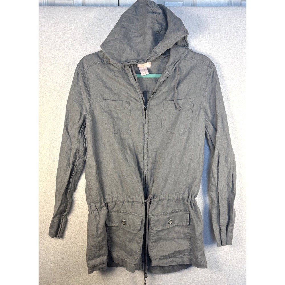 St Tropez West Womens Jacket Small Gray 100% Linen Hooded Beach Coastal Zip Up